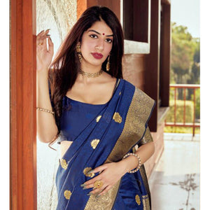 Jazzy Navy Blue Coloured Partywear Woven Silk Saree