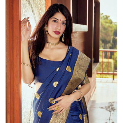 Jazzy Navy Blue Coloured Partywear Woven Silk Saree