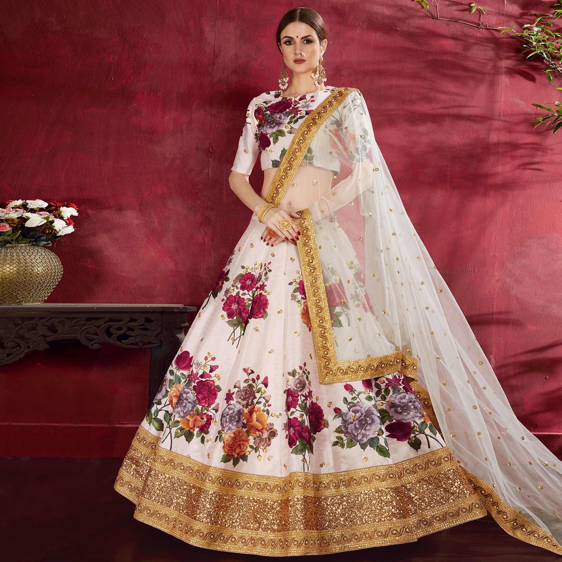 Jazzy Off-White Colored Partywear Digital Printed-Embroidered Art Silk Lehenga Choli