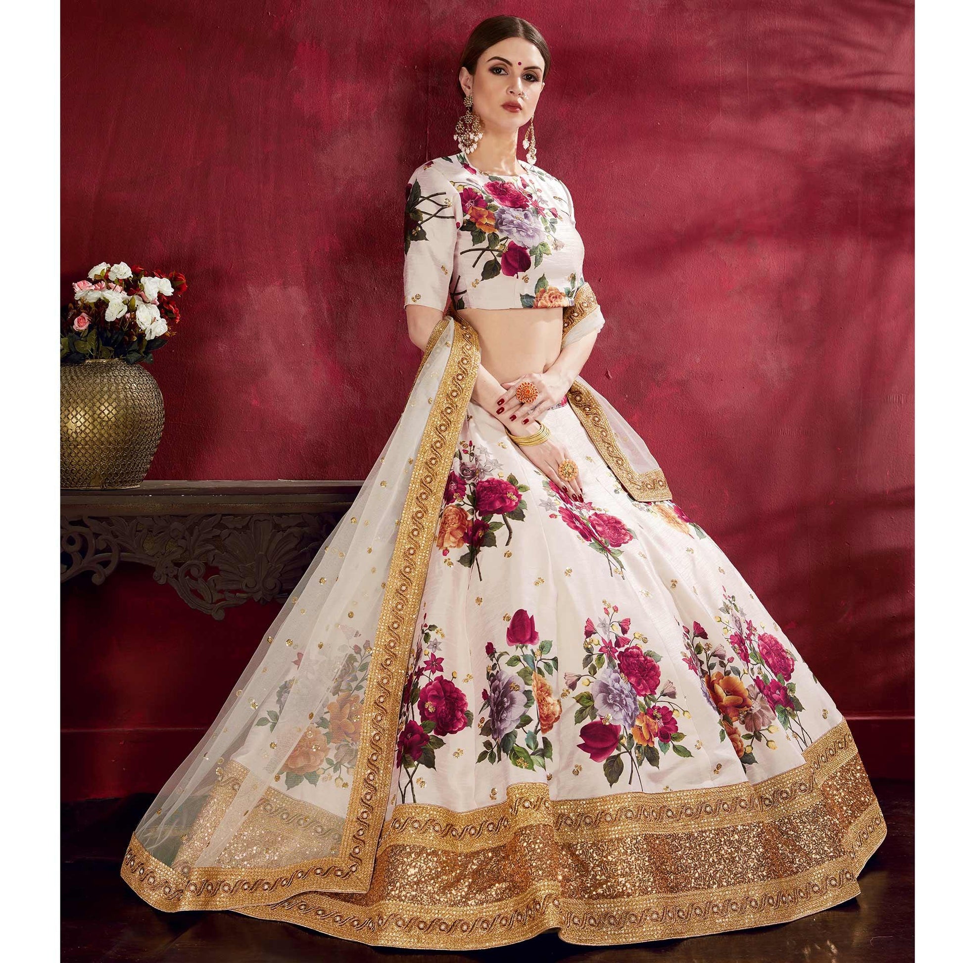 Jazzy Off-White Colored Partywear Digital Printed-Embroidered Art Silk Lehenga Choli