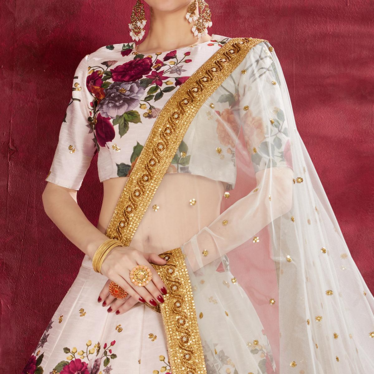 Jazzy Off-White Colored Partywear Digital Printed-Embroidered Art Silk Lehenga Choli