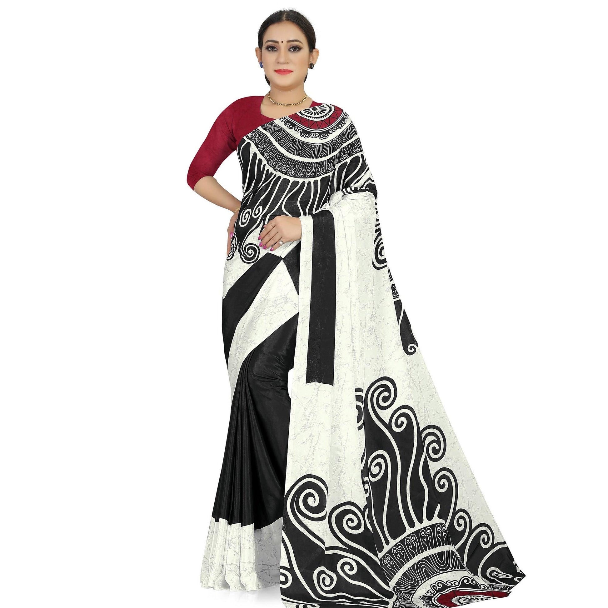 Jazzy Offwhite -Black Colored Casual Wear Printed Satin Saree