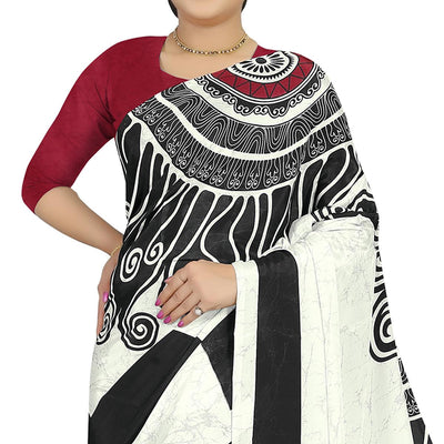 Jazzy Offwhite -Black Colored Casual Wear Printed Satin Saree