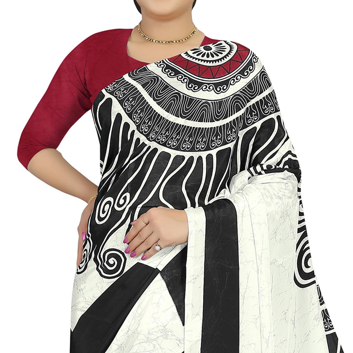 Jazzy Offwhite -Black Colored Casual Wear Printed Satin Saree