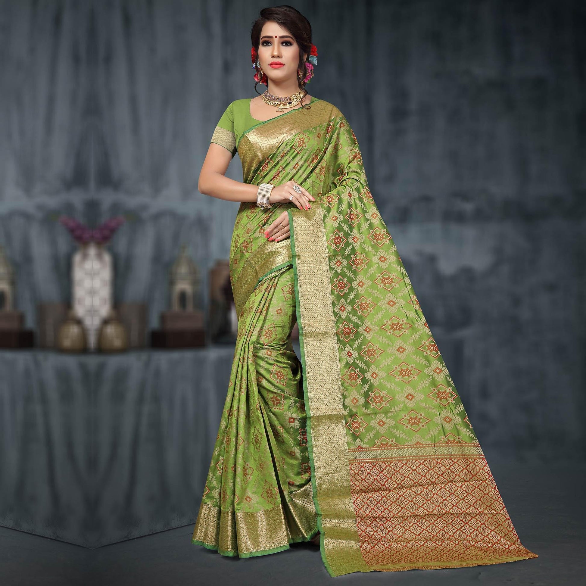 Jazzy Olive Green Colored Festive Wear Woven Silk Saree