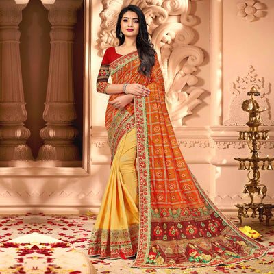 Jazzy Orange & Yellow Coloured Partywear Diamond Work Half & Half Art Silk Saree