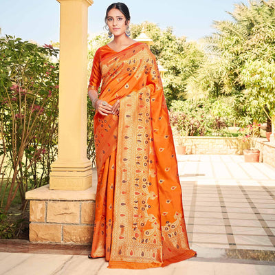 Jazzy Orange Coloured Designer Partywear Weaving Silk Saree