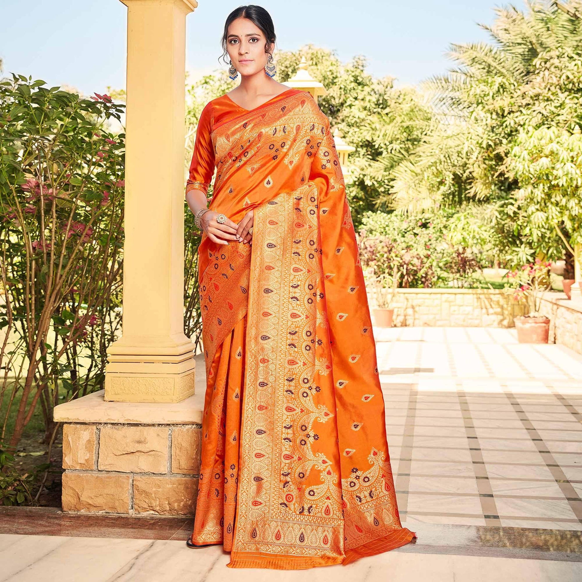 Jazzy Orange Coloured Designer Partywear Weaving Silk Saree