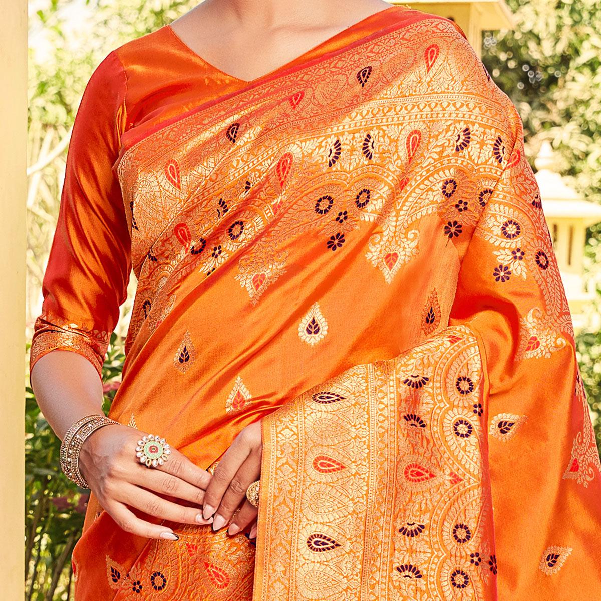 Jazzy Orange Coloured Designer Partywear Weaving Silk Saree