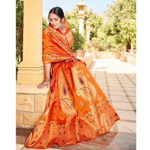 Jazzy Orange Coloured Designer Partywear Weaving Silk Saree