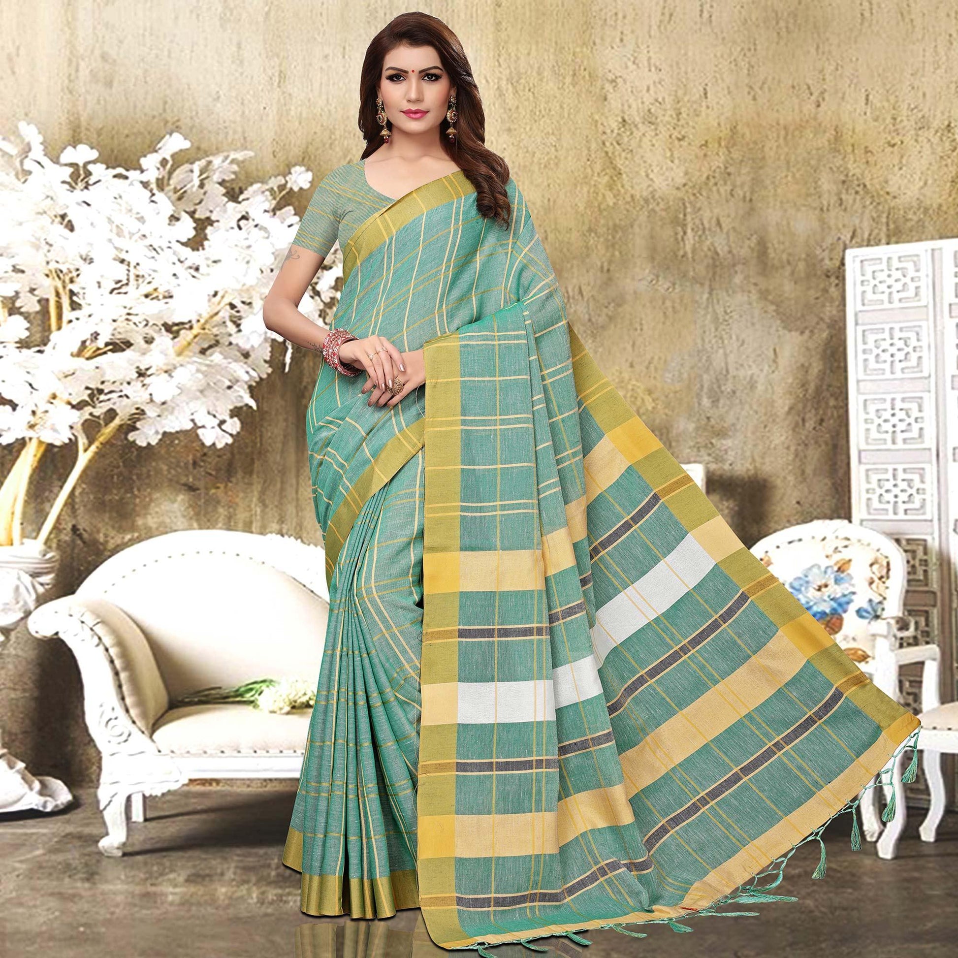 Jazzy Pastel Aqua Blue Colored Festive Wear Checks Print Pure Linen Saree