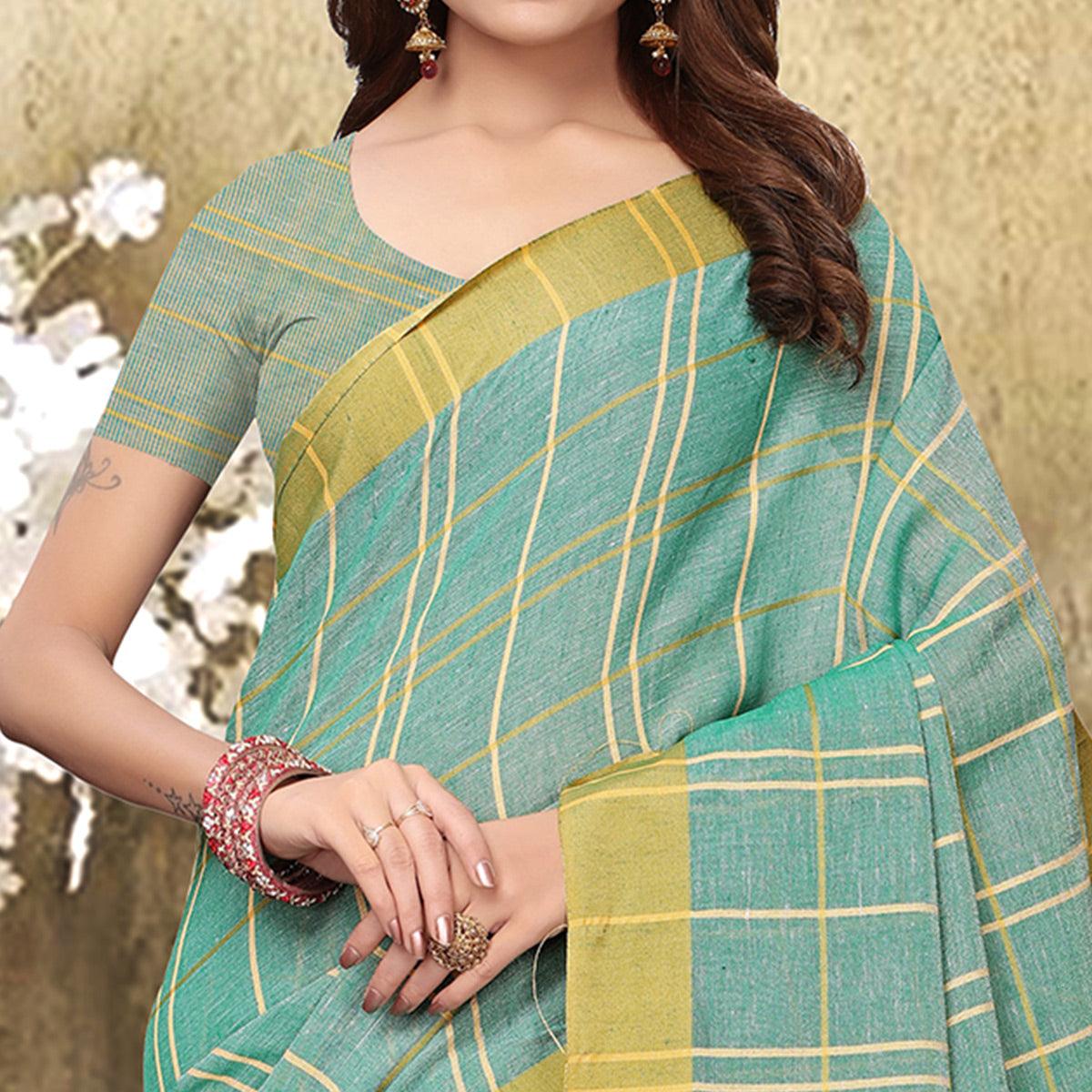 Jazzy Pastel Aqua Blue Colored Festive Wear Checks Print Pure Linen Saree