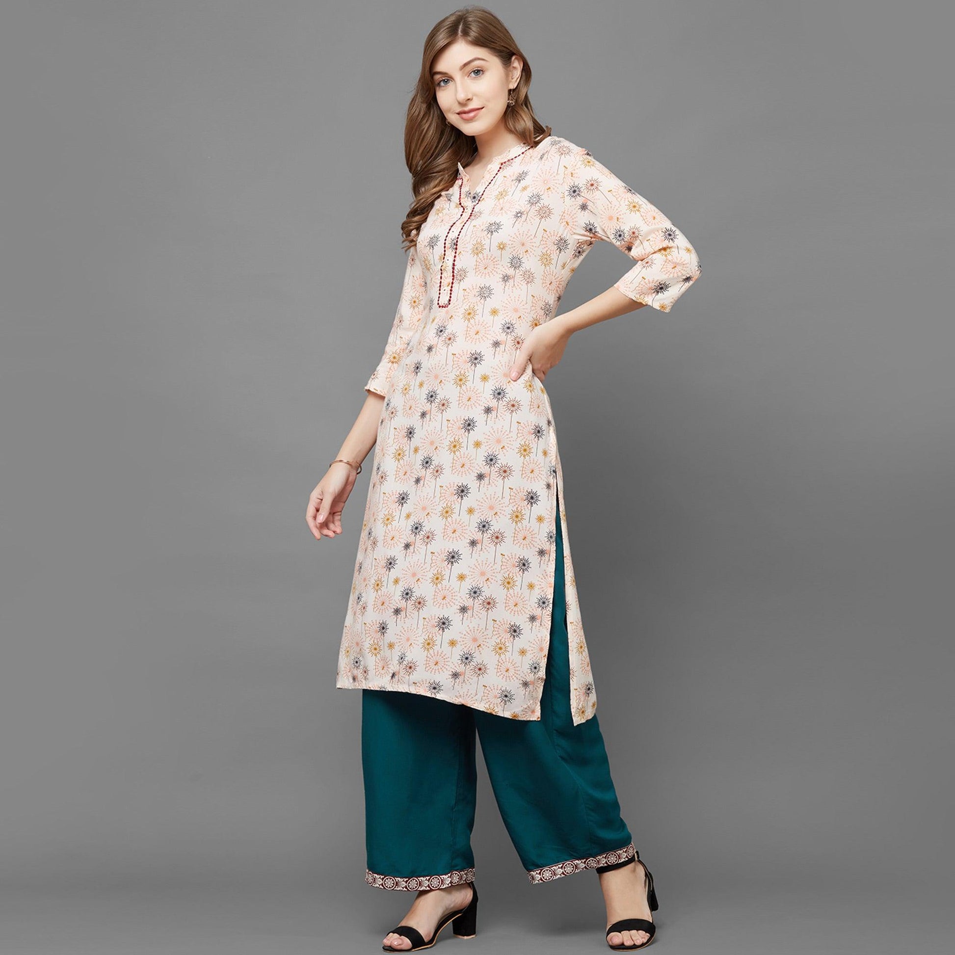 Jazzy Peach Colored Casual Printed Cotton Kurti-Palazzo Set