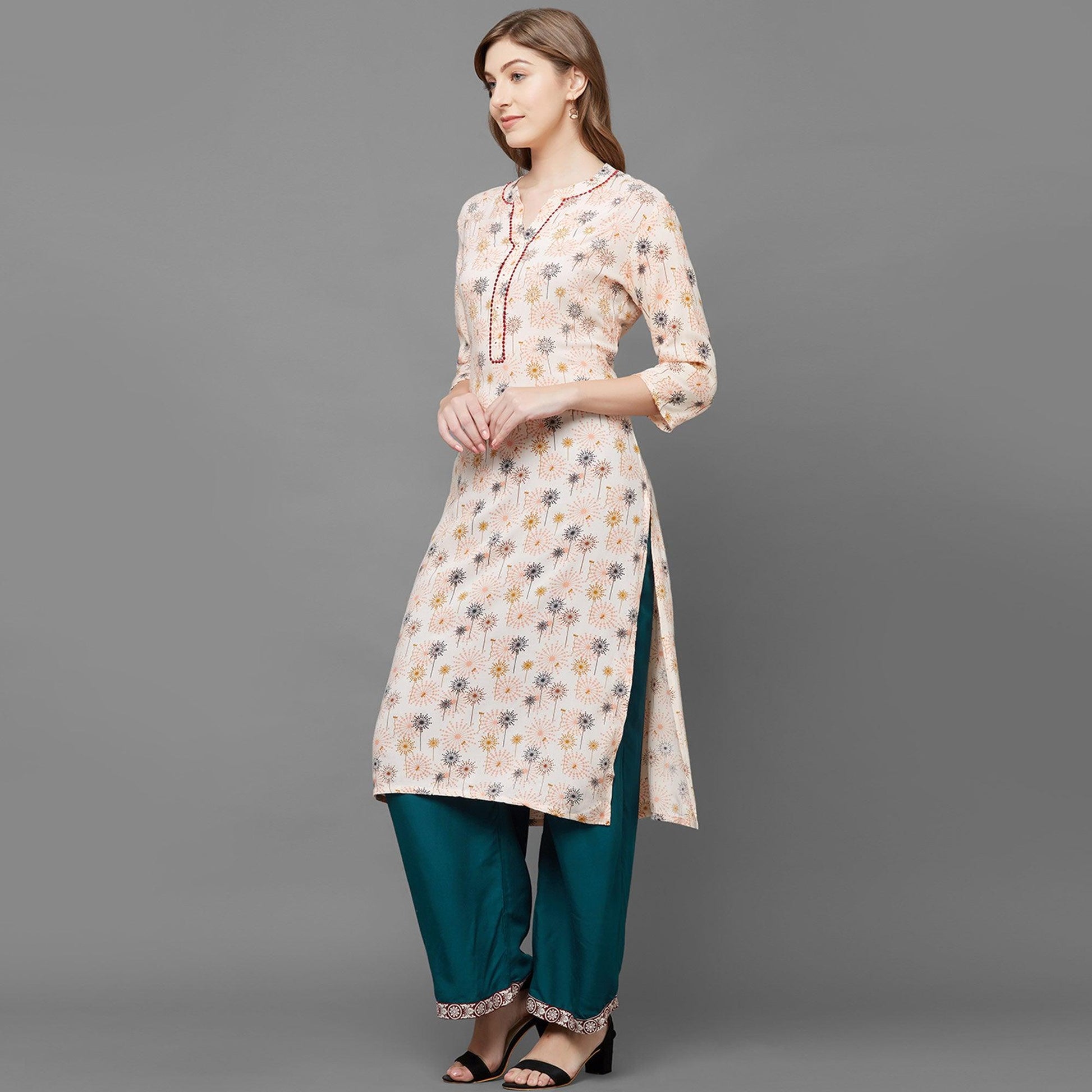 Jazzy Peach Colored Casual Printed Cotton Kurti-Palazzo Set