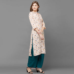 Jazzy Peach Colored Casual Printed Cotton Kurti-Palazzo Set