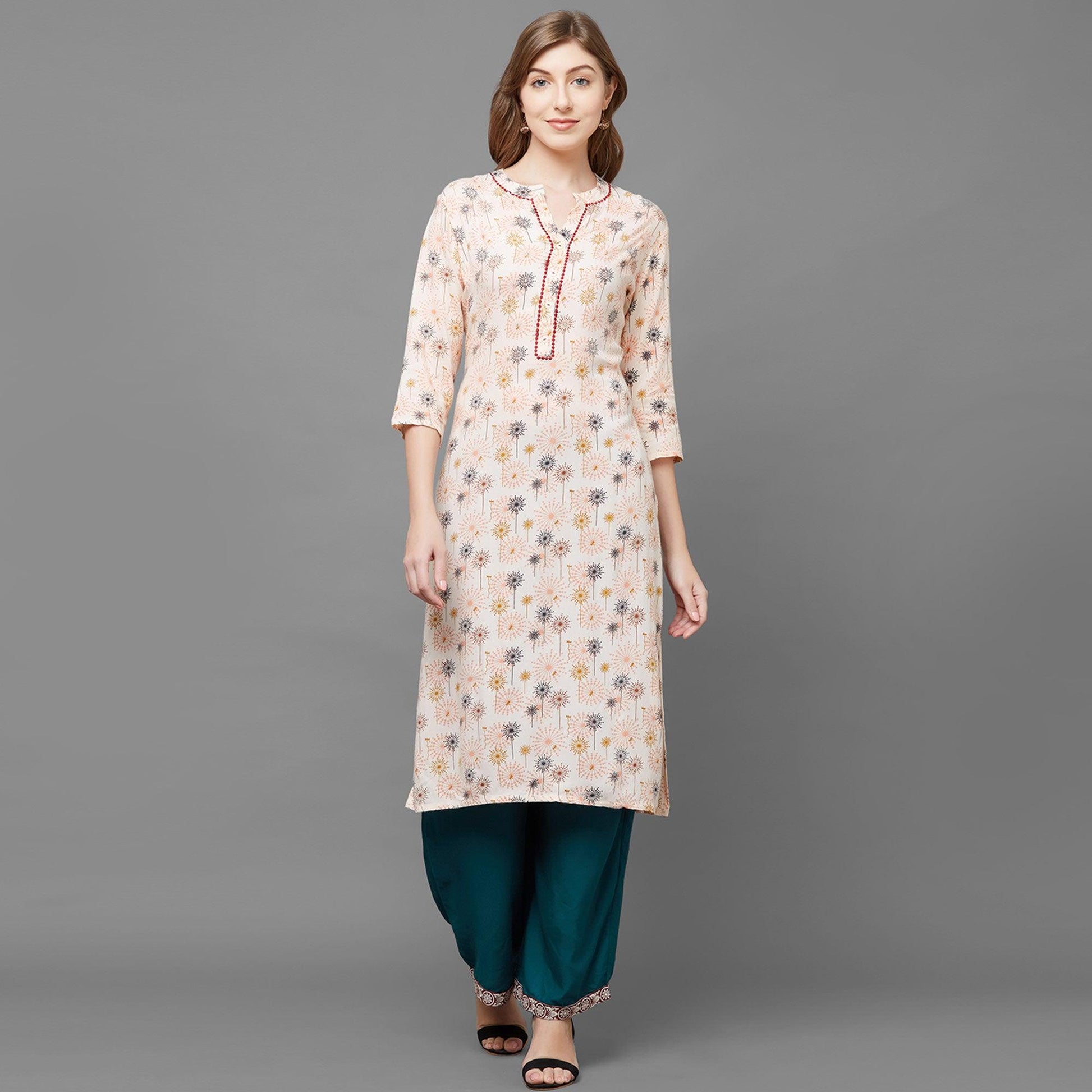 Jazzy Peach Colored Casual Printed Cotton Kurti-Palazzo Set