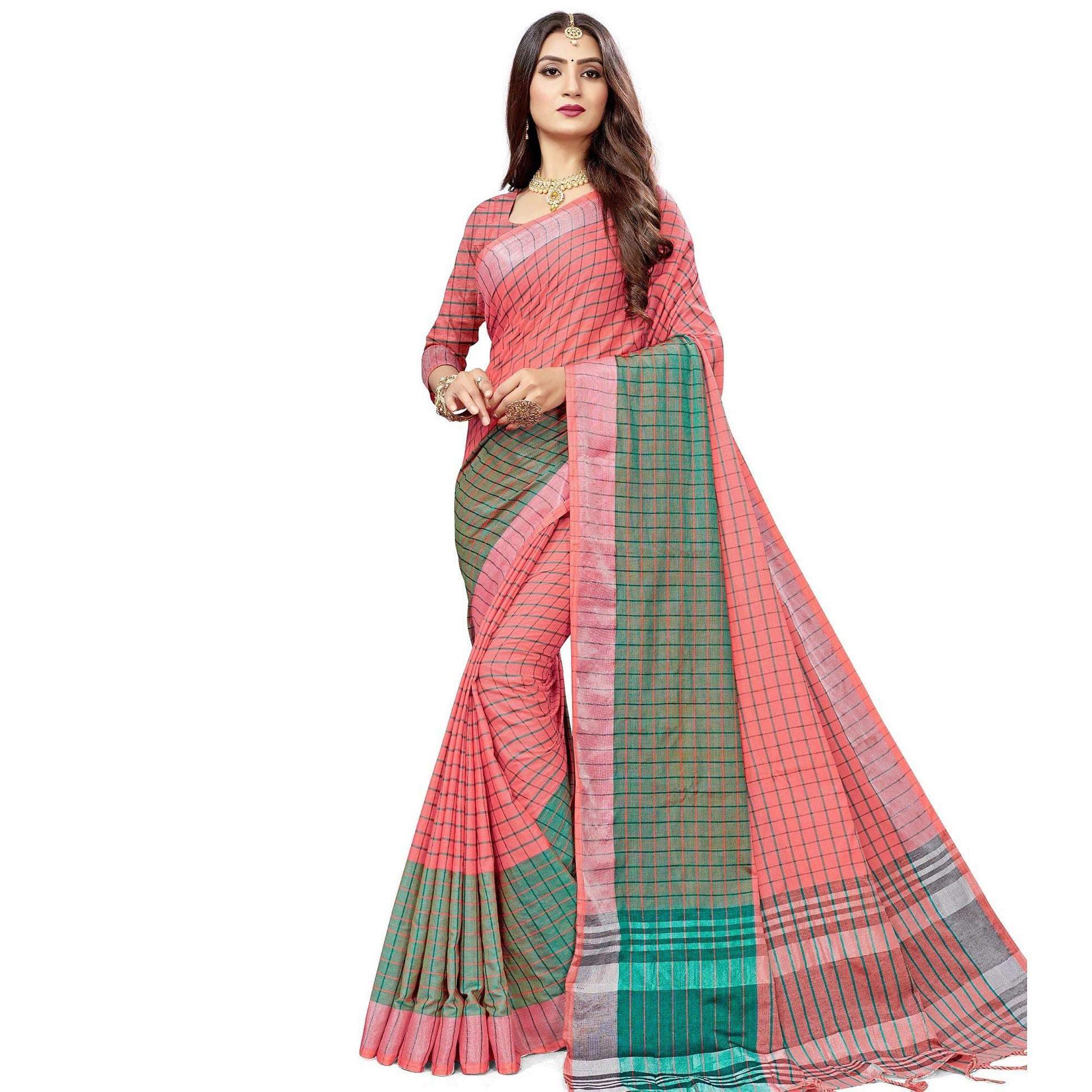 Jazzy Peach Colored Fesive Wear Checks Print Cotton Silk Saree With Tassels