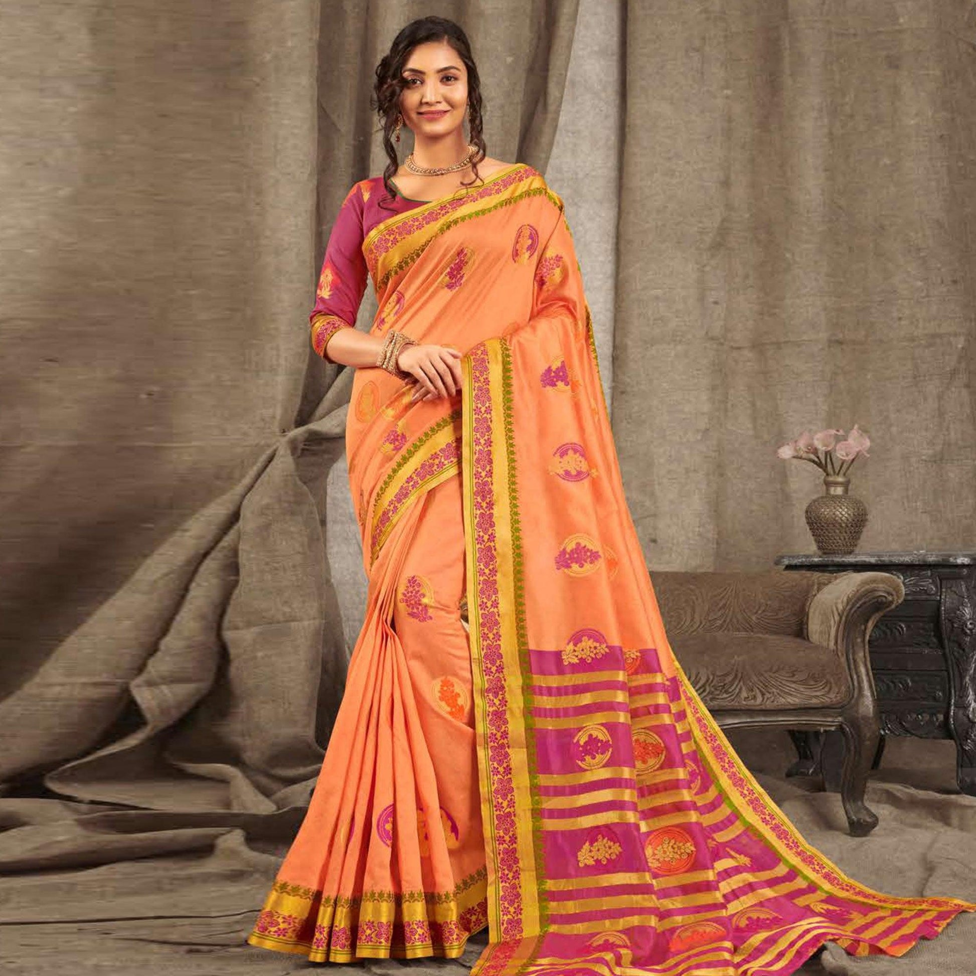 Jazzy Peach Colored Festive Wear Woven Cotton Handloom Saree