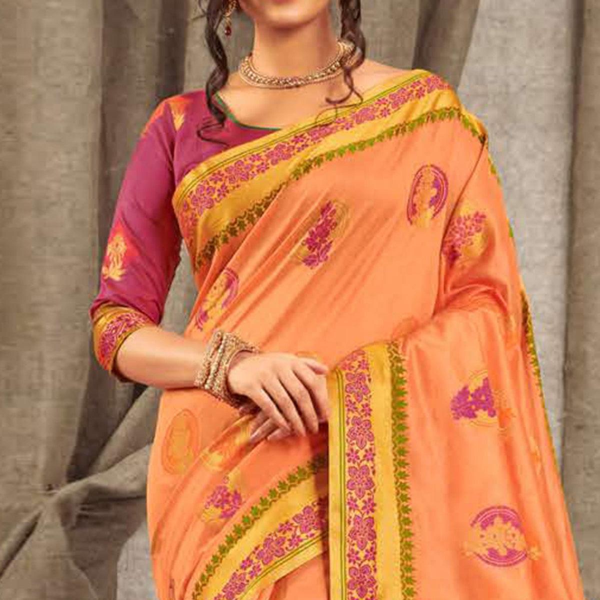 Jazzy Peach Colored Festive Wear Woven Cotton Handloom Saree