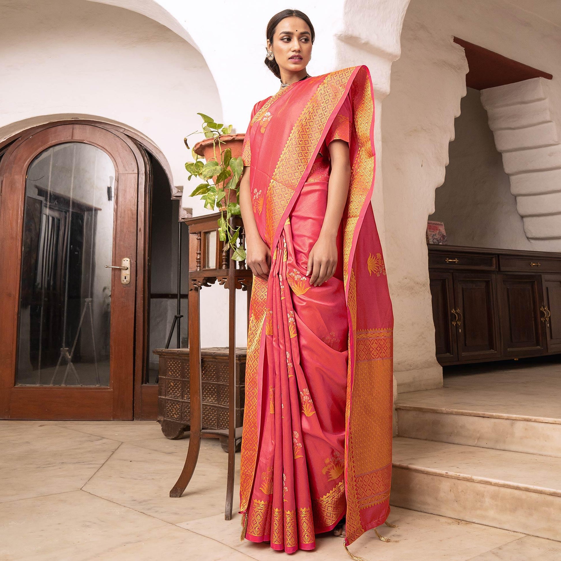 Jazzy Peach Colored Festive Wear Woven Soft Silk Saree