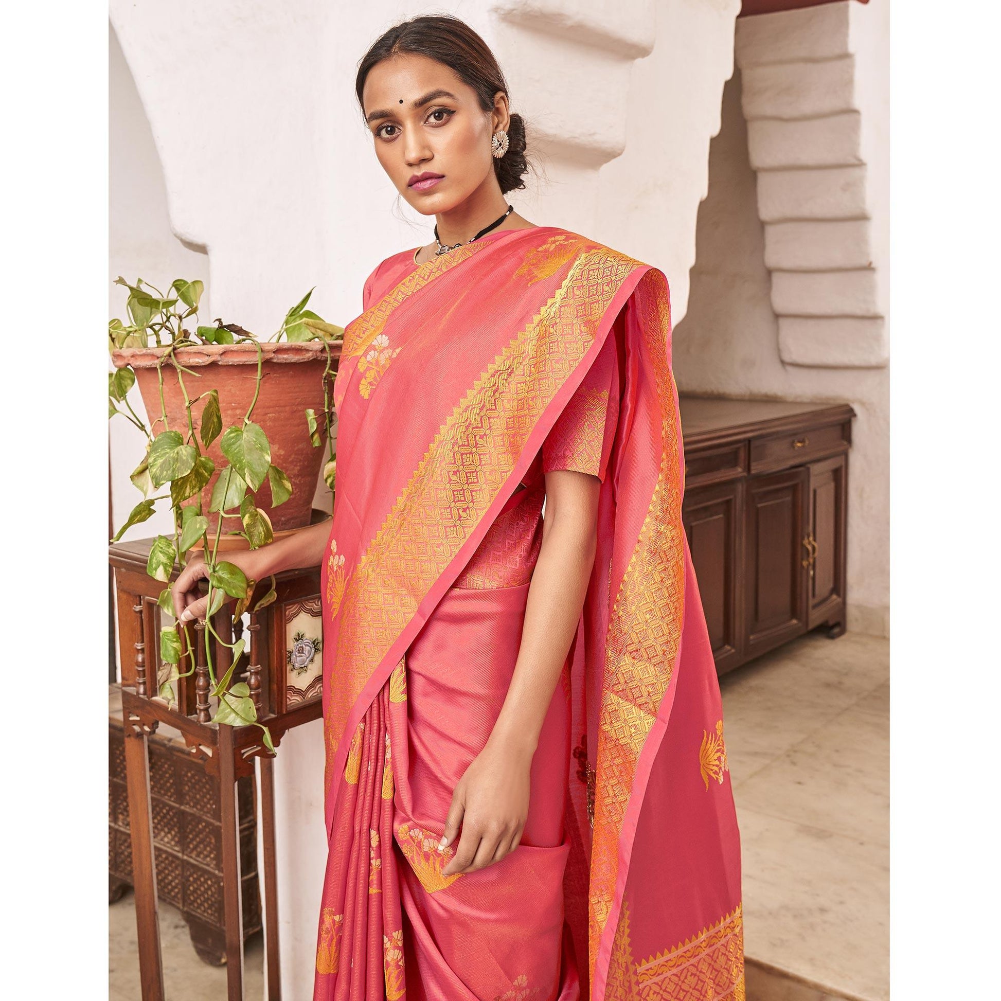 Jazzy Peach Colored Festive Wear Woven Soft Silk Saree