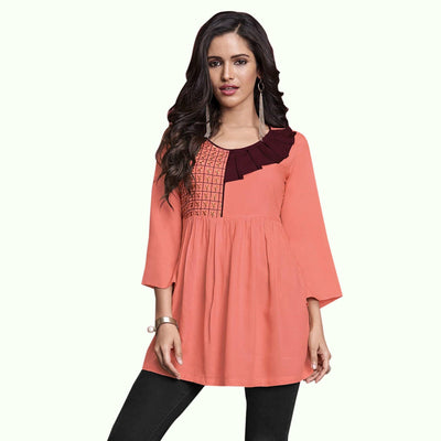 Jazzy Peach Colored Partywear Embroidered Rayon Western Top