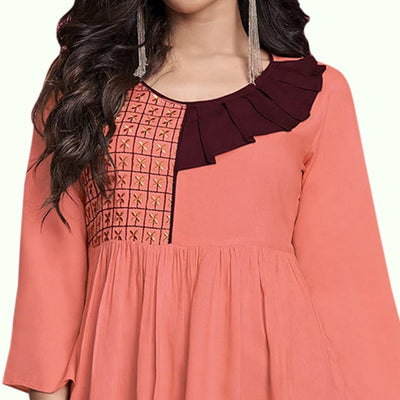 Jazzy Peach Colored Partywear Embroidered Rayon Western Top