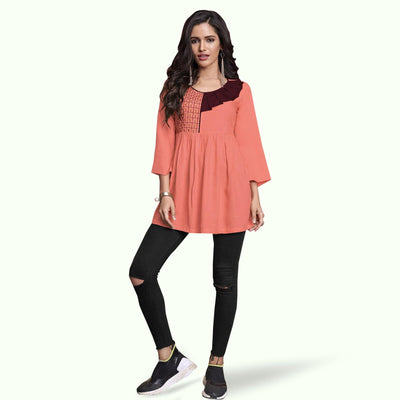 Jazzy Peach Colored Partywear Embroidered Rayon Western Top