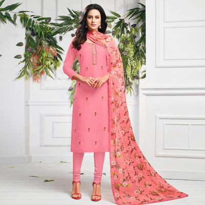 Jazzy Pink Colored Casual Wear Embroidered Chanderi Dress Material