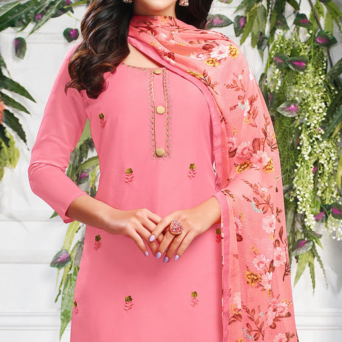 Jazzy Pink Colored Casual Wear Embroidered Chanderi Dress Material