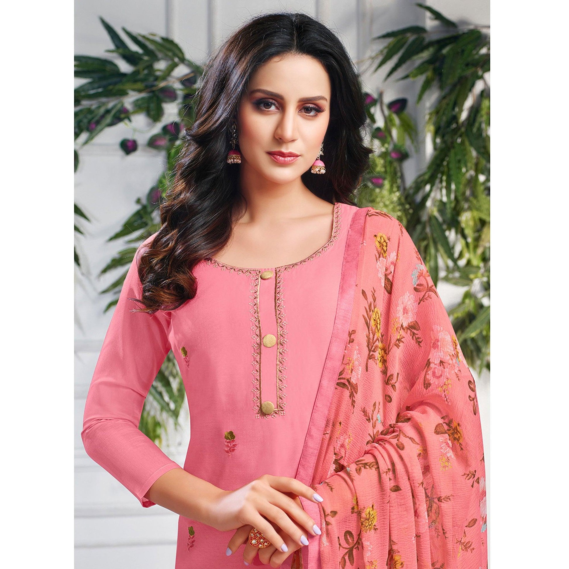 Jazzy Pink Colored Casual Wear Embroidered Chanderi Dress Material