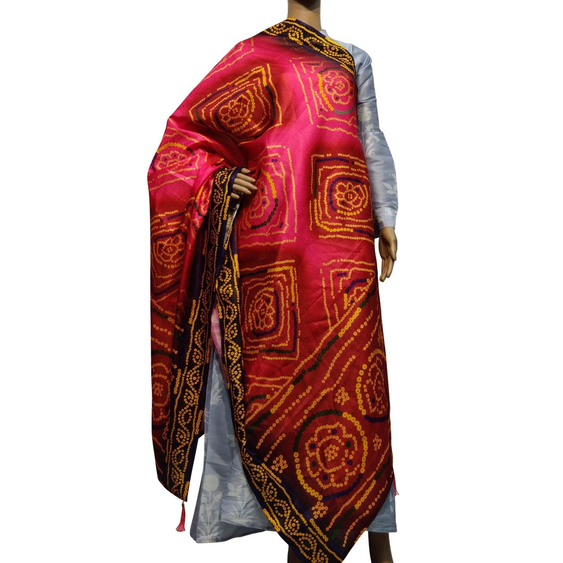 Jazzy Pink Colored Casual Wear Printed Cotton Silk Dupatta With Tassels