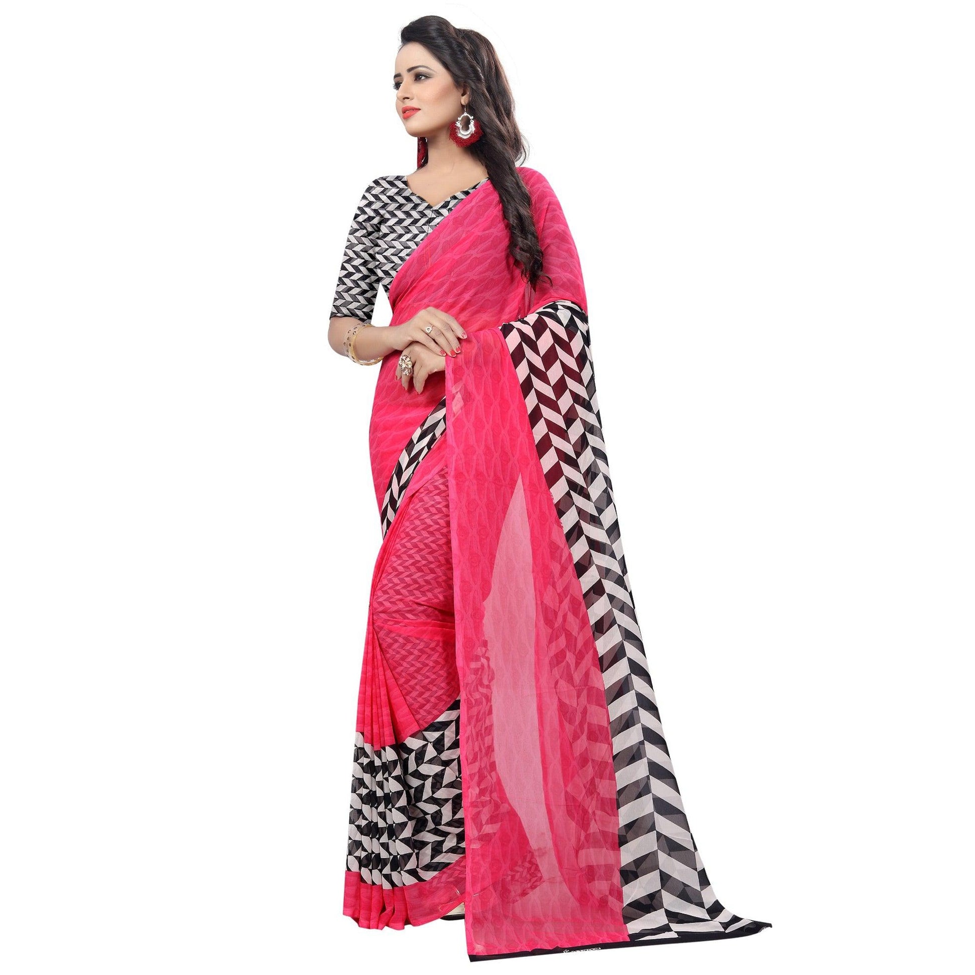 Jazzy Pink Colored Casual Wear Printed Georgette Saree