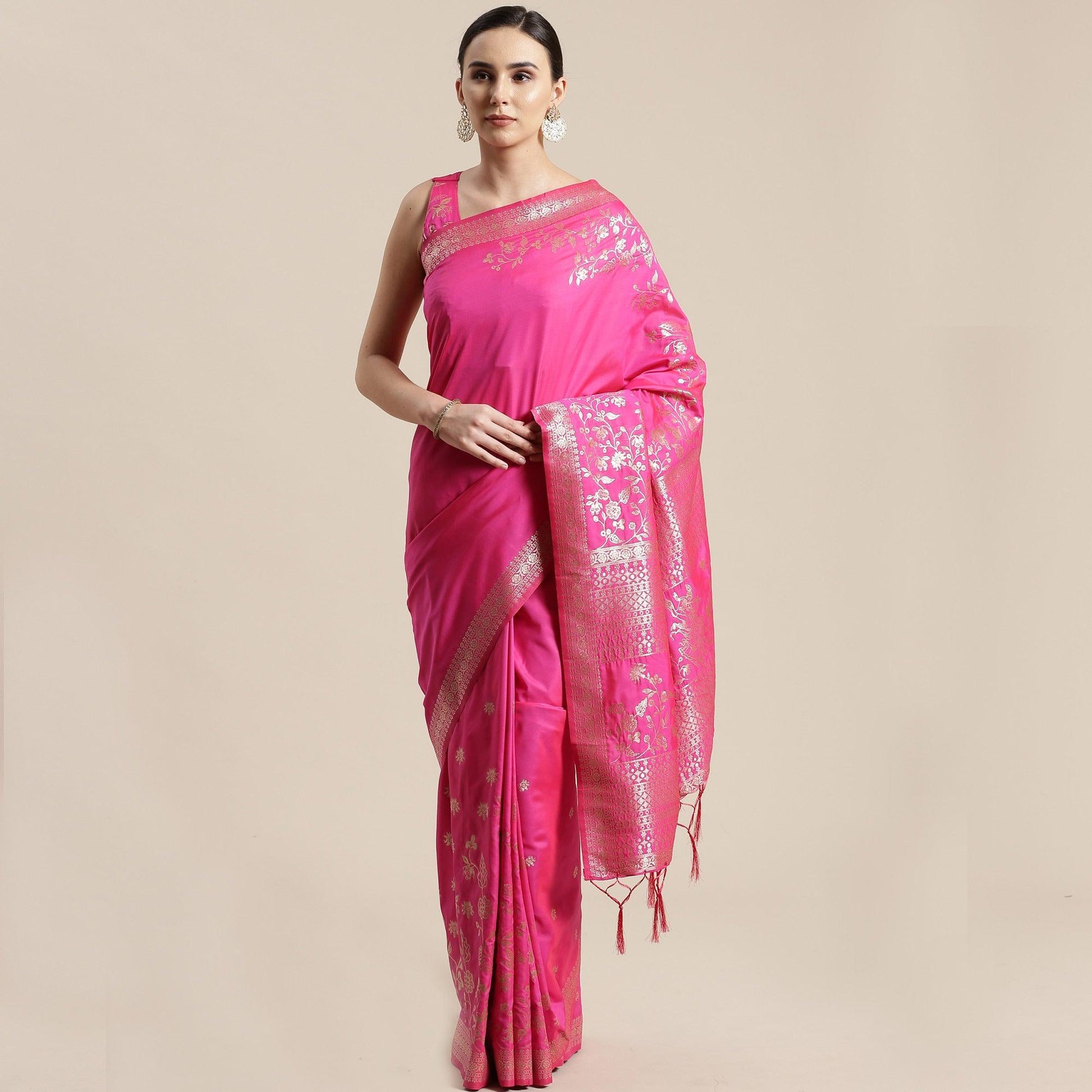 Jazzy Pink Colored Festive Wear Silk Blend Woven Floral Saree With Tassels
