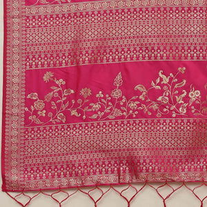 Jazzy Pink Colored Festive Wear Silk Blend Woven Floral Saree With Tassels