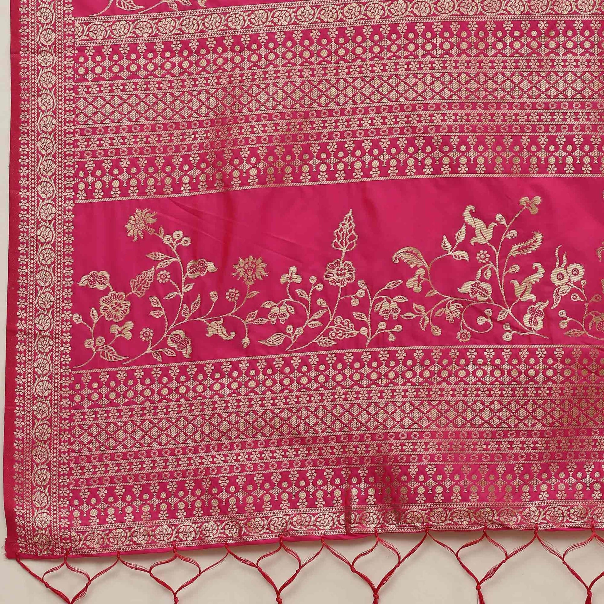 Jazzy Pink Colored Festive Wear Silk Blend Woven Floral Saree With Tassels