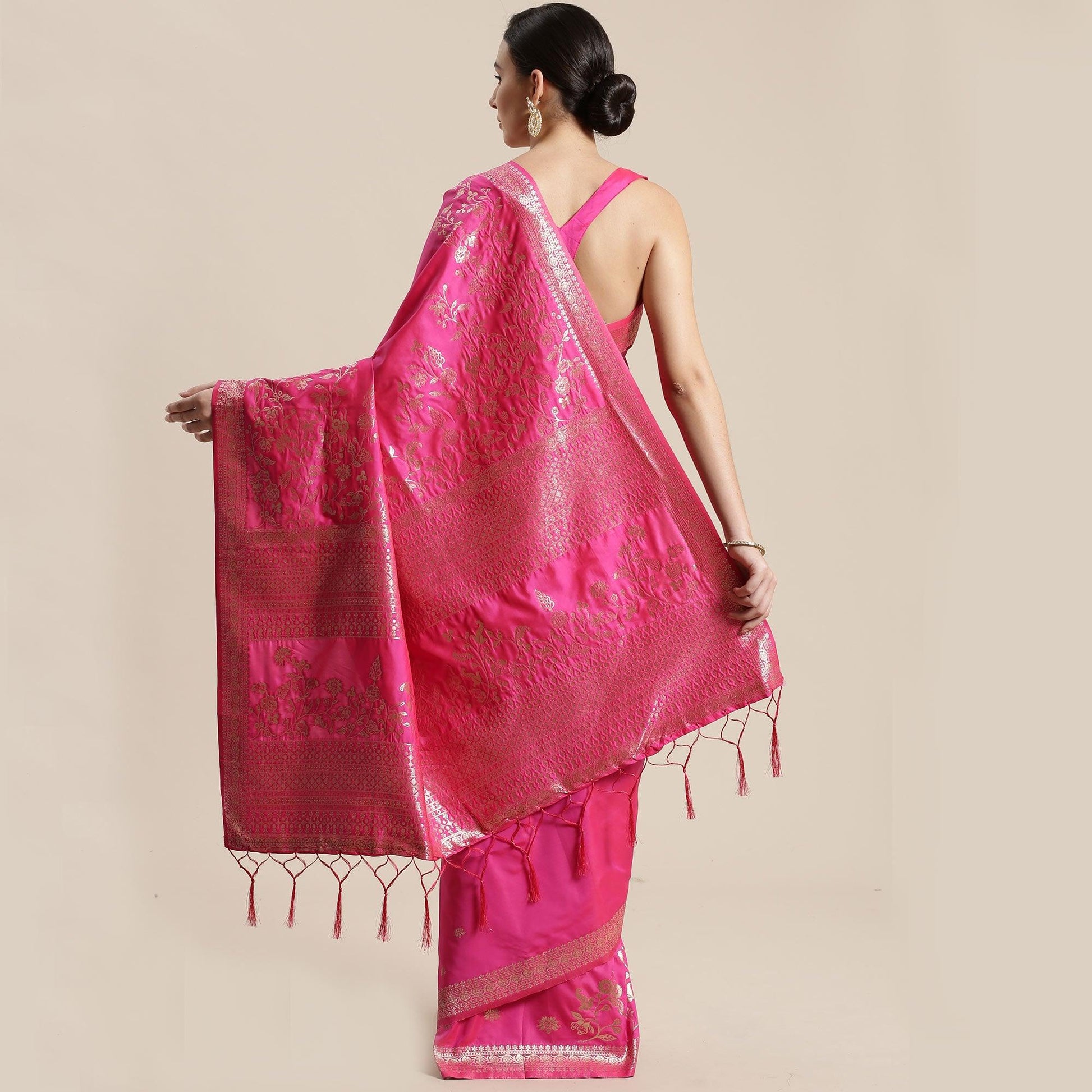 Jazzy Pink Colored Festive Wear Silk Blend Woven Floral Saree With Tassels
