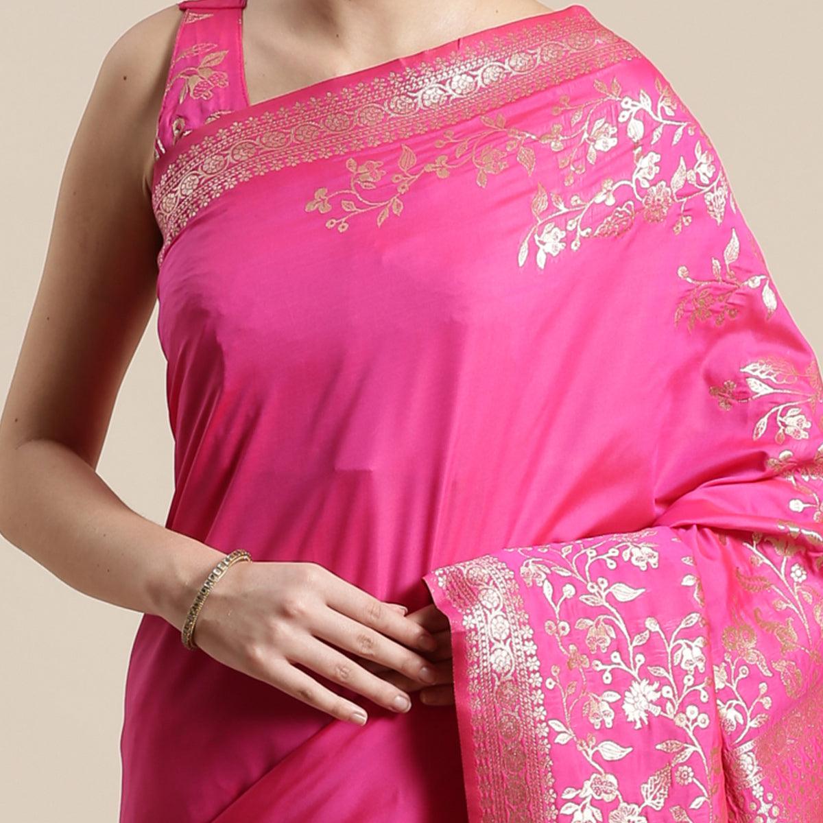 Jazzy Pink Colored Festive Wear Silk Blend Woven Floral Saree With Tassels