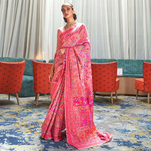 Jazzy Pink Coloured Festive Wear Handloom Woven Silk Saree
