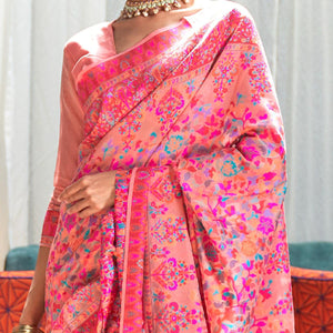 Jazzy Pink Coloured Festive Wear Handloom Woven Silk Saree