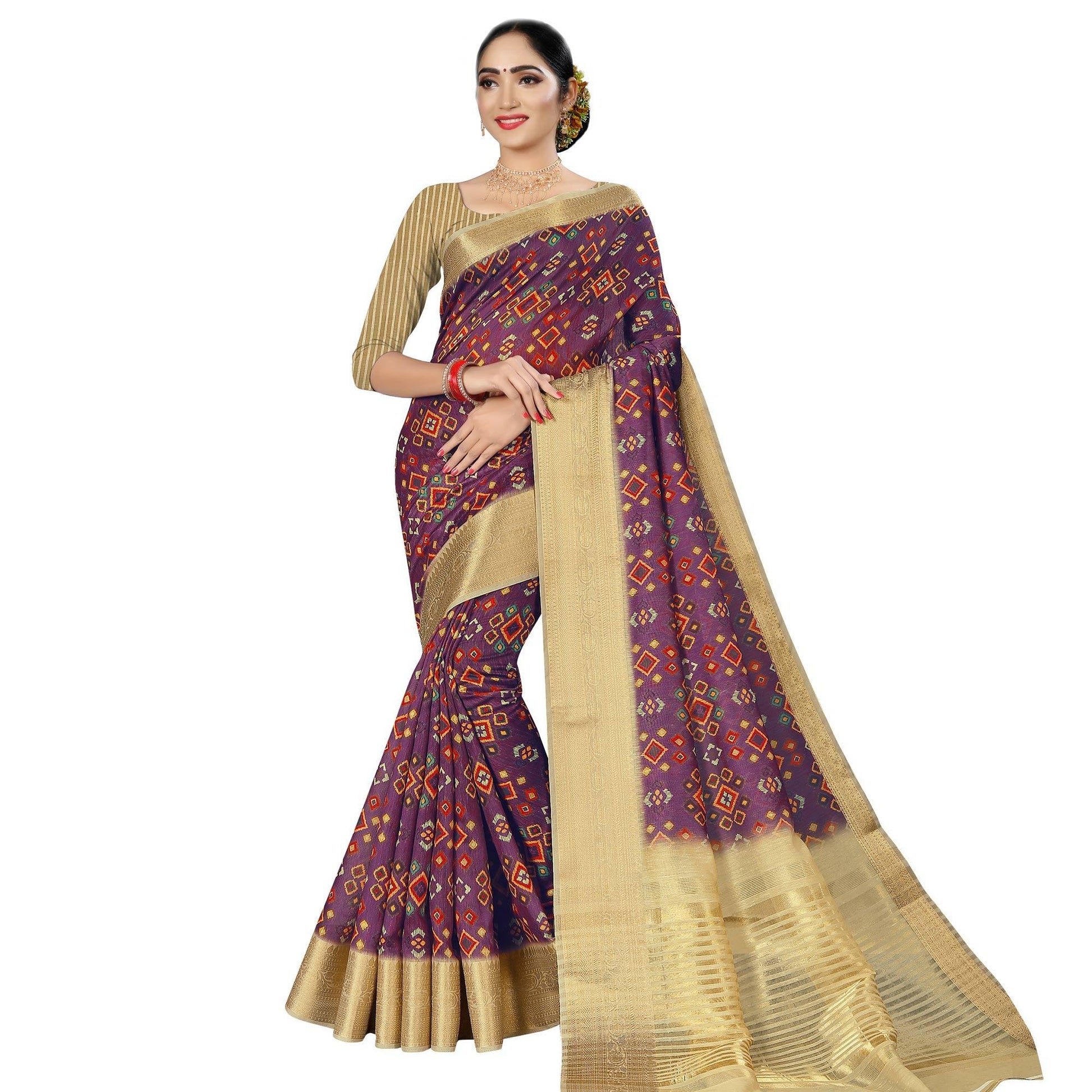 Jazzy Purple Colored Casual Wear Digital Printed Cotton Silk Saree