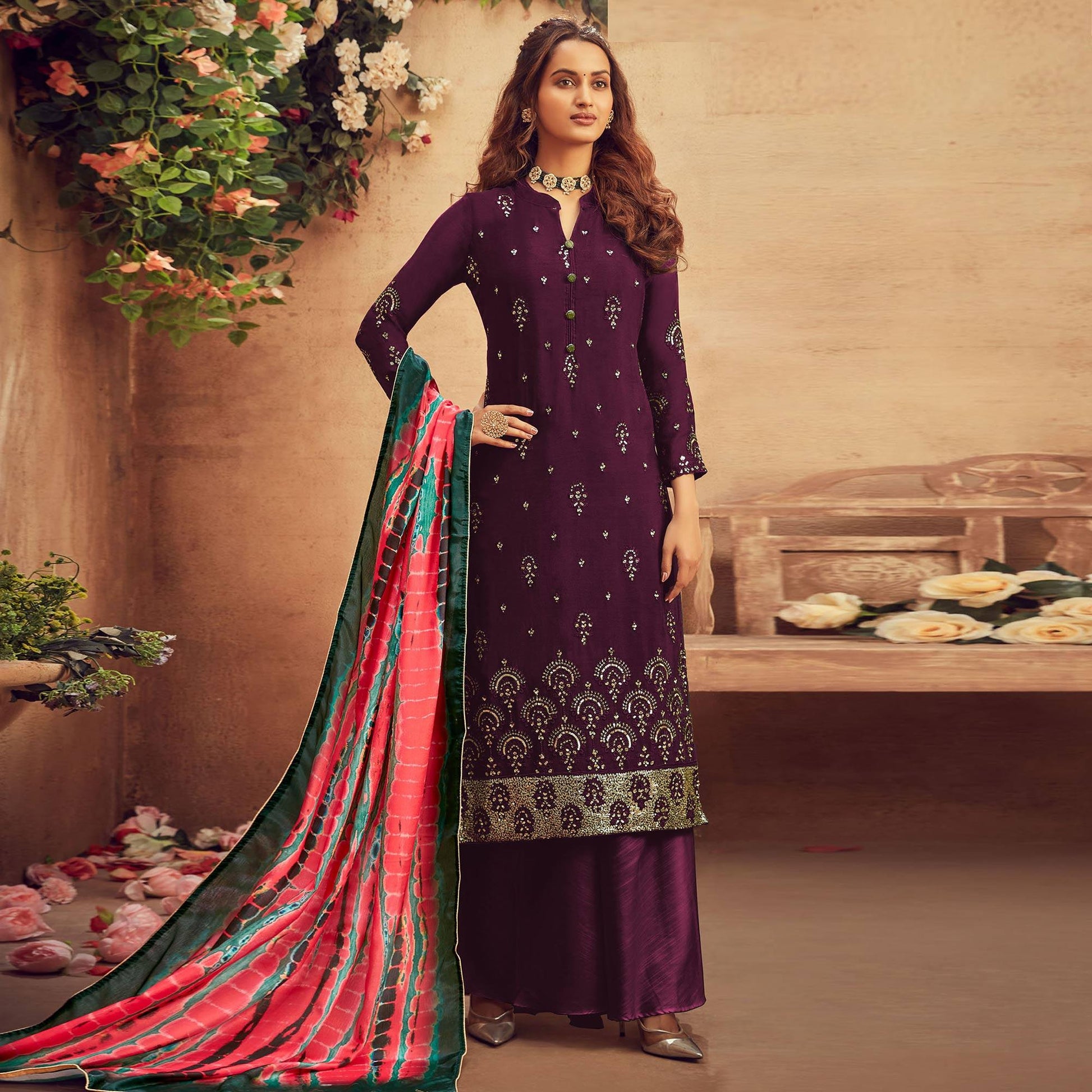 Jazzy Purple Colored Embroidered Designer Partywear Heavy Faux Georgette Suit