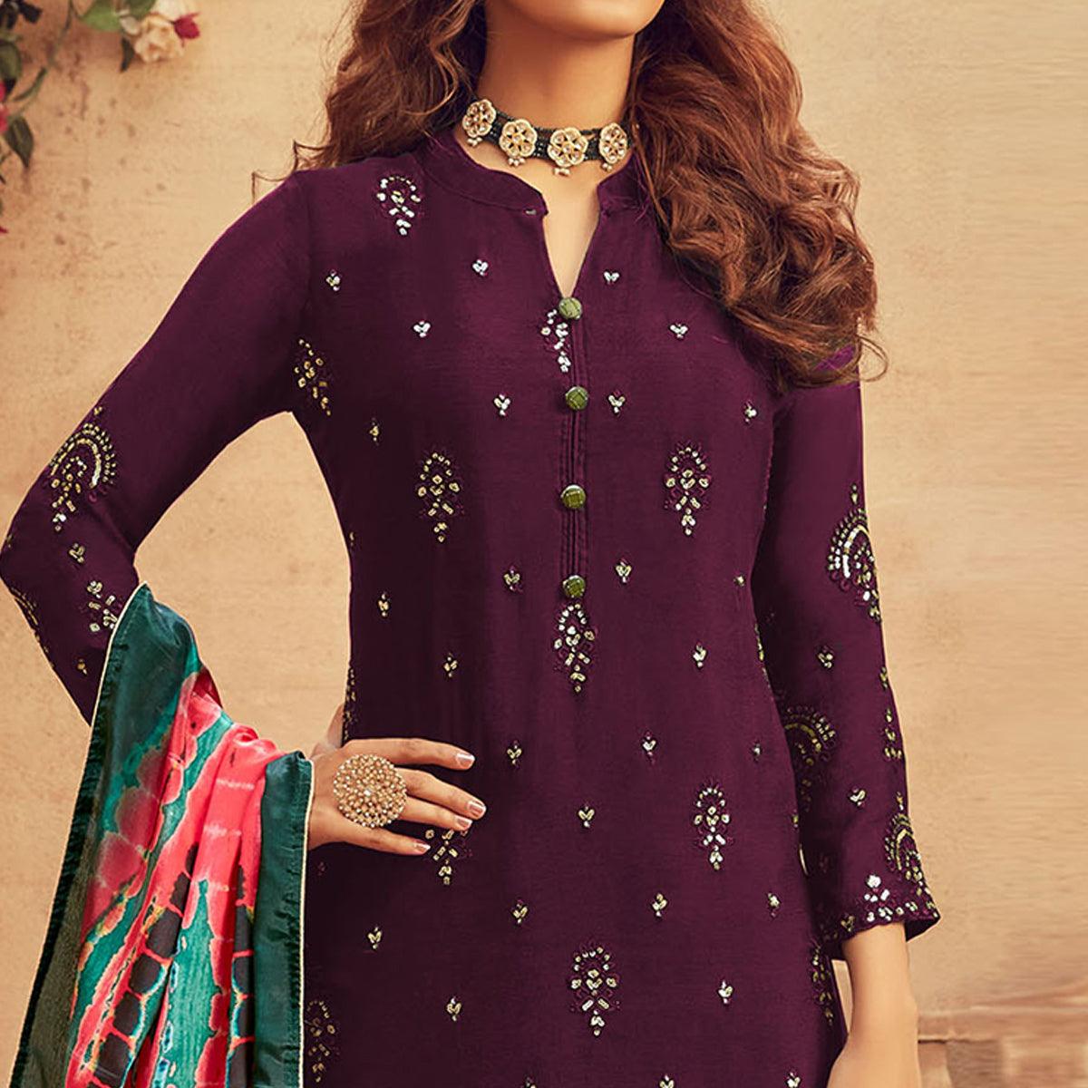 Jazzy Purple Colored Embroidered Designer Partywear Heavy Faux Georgette Suit
