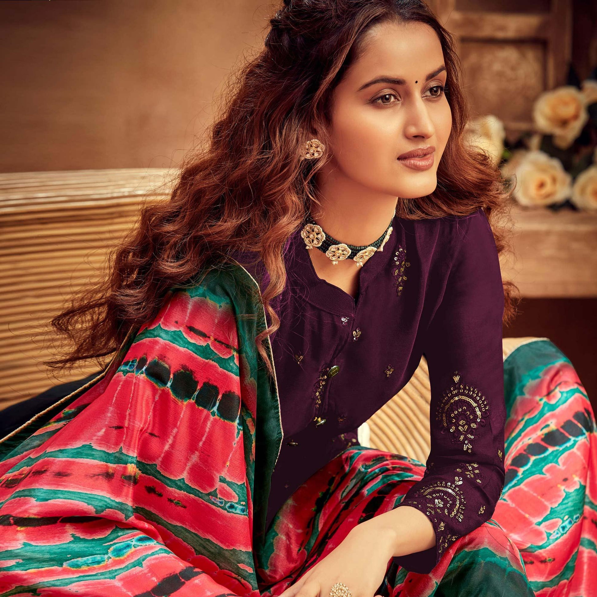Jazzy Purple Colored Embroidered Designer Partywear Heavy Faux Georgette Suit