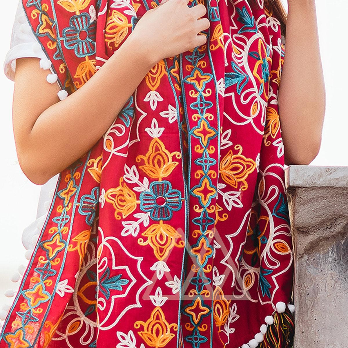 Jazzy Red Colored Embroidered Khadi Muffler Stole