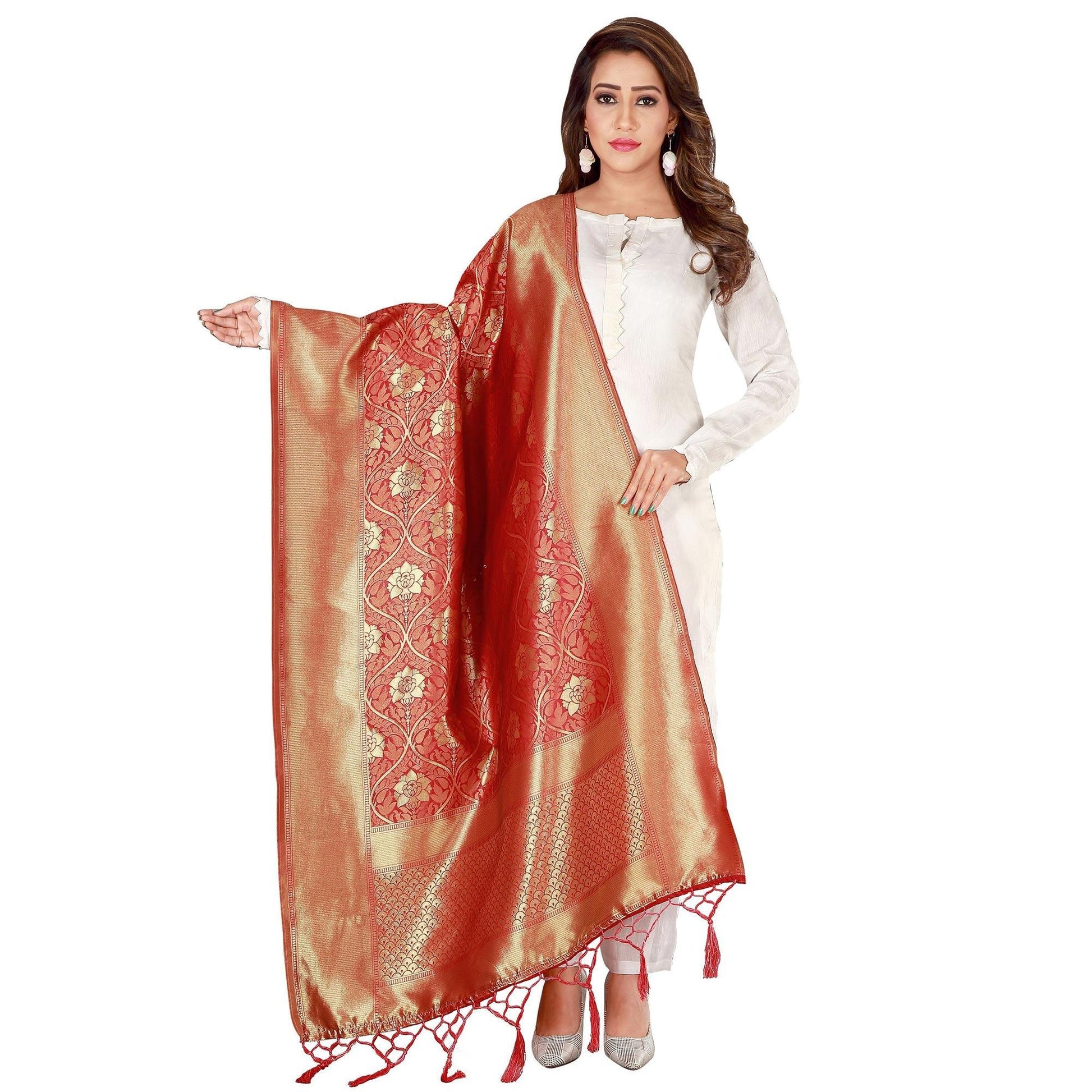 Jazzy Red Colored Festive Wear Banarasi Silk Dupatta