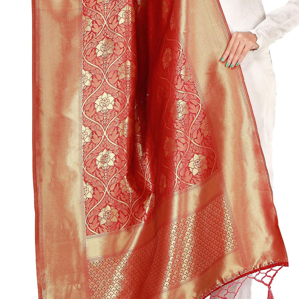 Jazzy Red Colored Festive Wear Banarasi Silk Dupatta