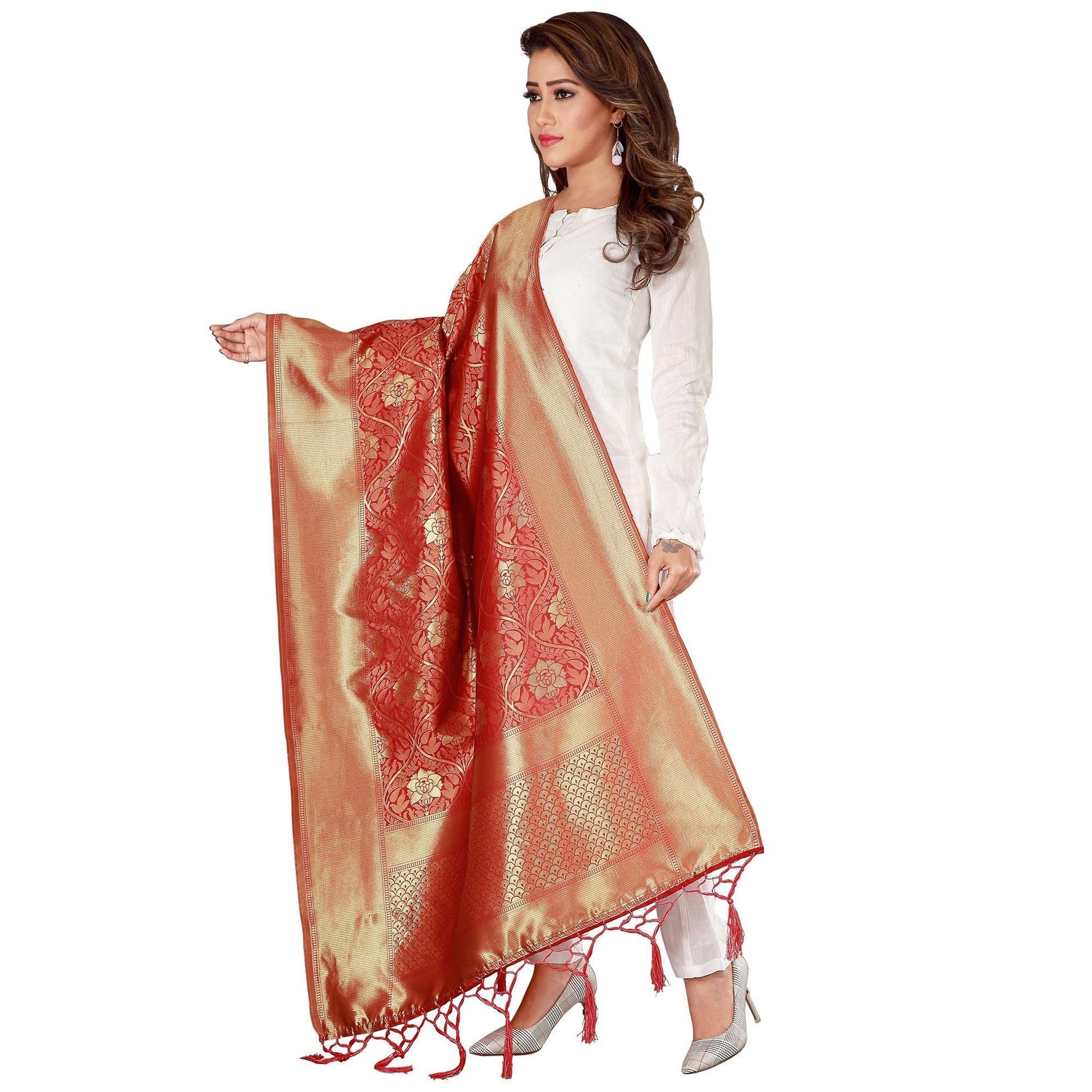 Jazzy Red Colored Festive Wear Banarasi Silk Dupatta