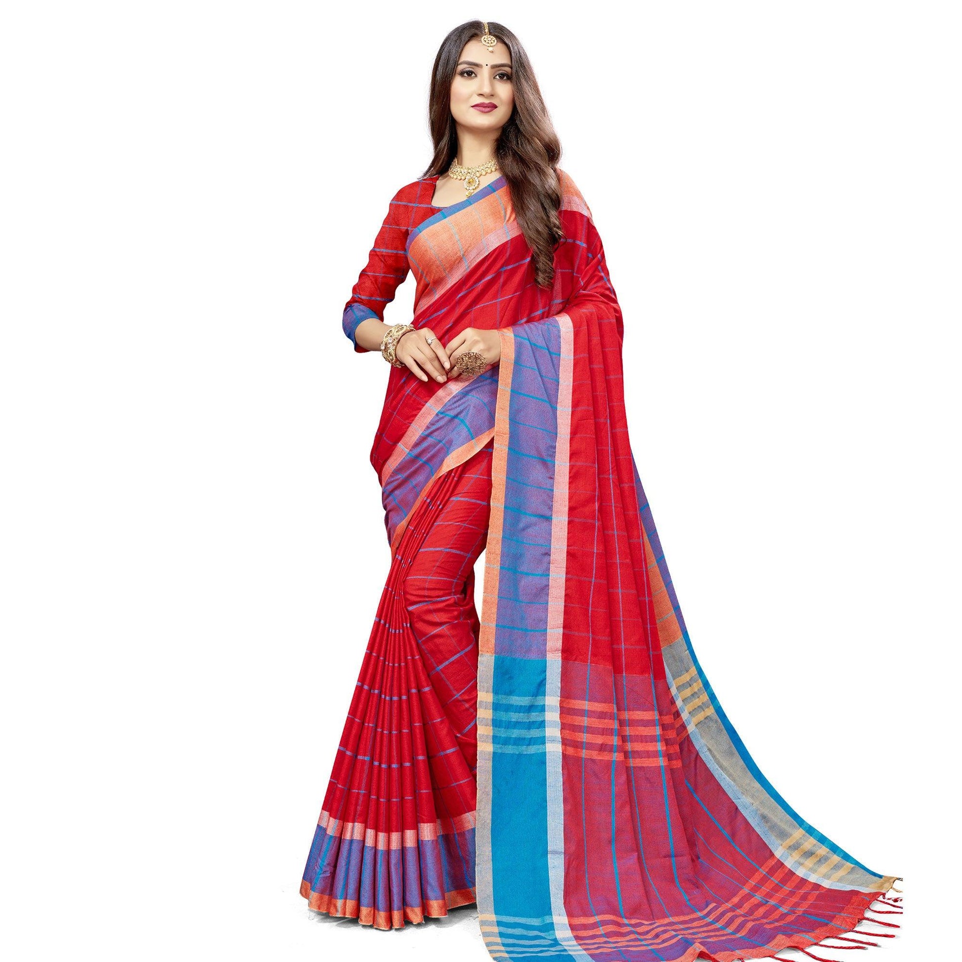 Jazzy Red Colored Festive Wear Stripe Printed Cotton Silk Saree With Tassels