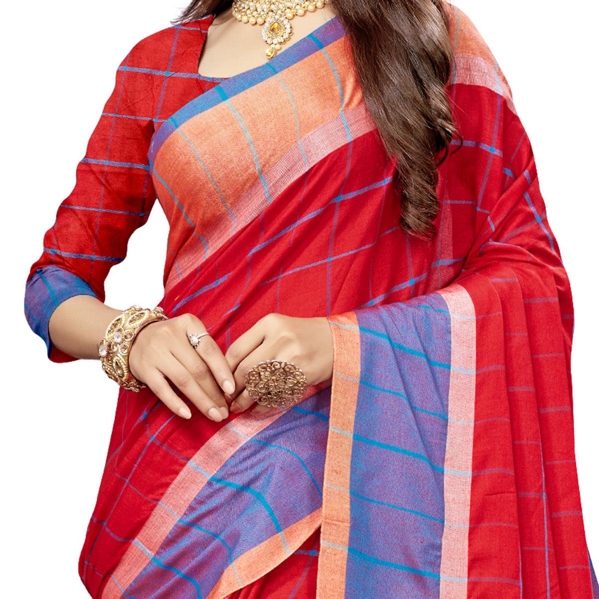 Jazzy Red Colored Festive Wear Stripe Printed Cotton Silk Saree With Tassels